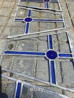 Set 4 Vintage Victorian Coloured Stained Blue Glass Panels Rare