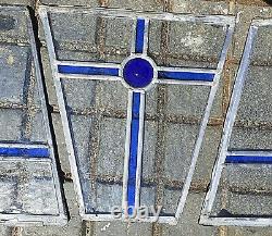 Set 4 Vintage Victorian Coloured Stained Blue Glass Panels Rare