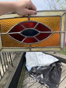 Set Of 2 Vintage Stained Glass Window Sashes/Panels Red Blue Gold Eye Side Light