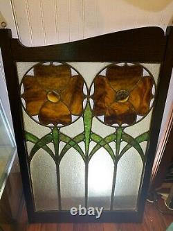 Set Of Two Arts And Craft Period Leaded Stained Glass Panels Poppy Design