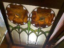 Set Of Two Arts And Craft Period Leaded Stained Glass Panels Poppy Design