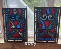 Set of 2 Leaded Stained Glass Panels Art Deco Abstract Multicolor 7x10