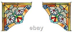 Set of 2 Victorian Tiffany Style Stained Glass Corner Window Panel 10 Decor