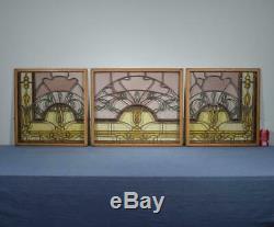 Set of 3 Antique Stained/Leaded Glass Panels with Wood Frames