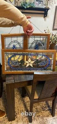 Set of 3 Stained Glass Bluebonnet Floral Window Panels Framed Blue Green