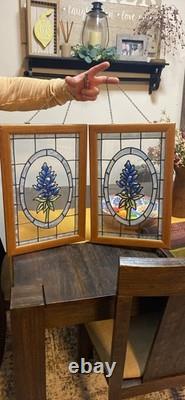 Set of 3 Stained Glass Bluebonnet Floral Window Panels Framed Blue Green
