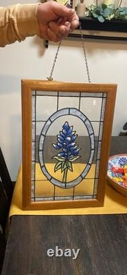 Set of 3 Stained Glass Bluebonnet Floral Window Panels Framed Blue Green