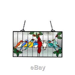 Singing Birds on Wire Tiffany Style Stained Glass Window Panel 12.5 x 24.5