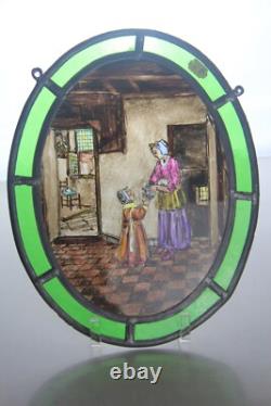 Small Oval Antique Hand Painted & Stained Glass Panel Mother & Daughter