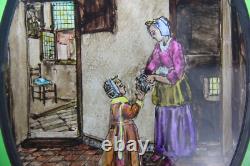 Small Oval Antique Hand Painted & Stained Glass Panel Mother & Daughter