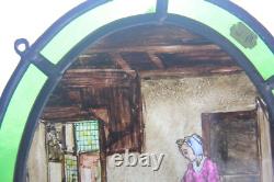 Small Oval Antique Hand Painted & Stained Glass Panel Mother & Daughter