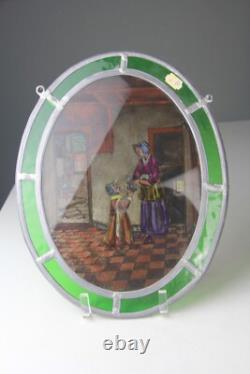 Small Oval Antique Hand Painted & Stained Glass Panel Mother & Daughter