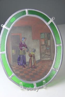 Small Oval Antique Hand Painted & Stained Glass Panel Mother & Daughter
