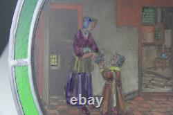 Small Oval Antique Hand Painted & Stained Glass Panel Mother & Daughter