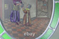 Small Oval Antique Hand Painted & Stained Glass Panel Mother & Daughter