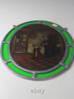 Small Oval Antique Hand Painted & Stained Glass Panel Mother & Daughter