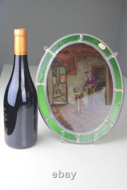 Small Oval Antique Hand Painted & Stained Glass Panel Mother & Daughter