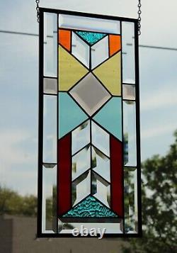 Southwestern Inspired Beveled Stained Glass Window Panel 19 7/8 x 9 1/2