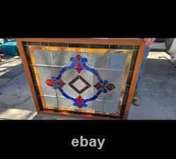 Square Leaded Framed Stained Glass Window Panel, Design Blue/Red 48×42