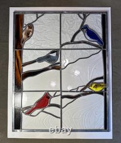 Stained Art Glass Panel Sun Catcher Birds Tiffany Style Cardinal Chickadee +++