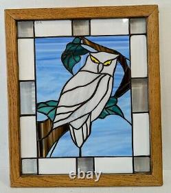 Stained Art Glass Window Panel Owl 20.5 H x 17.5 W Tiffany Style Framed Signed