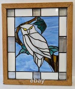 Stained Art Glass Window Panel Owl 20.5 H x 17.5 W Tiffany Style Framed Signed