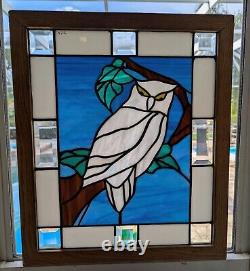 Stained Art Glass Window Panel Owl 20.5 H x 17.5 W Tiffany Style Framed Signed