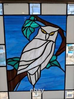 Stained Art Glass Window Panel Owl 20.5 H x 17.5 W Tiffany Style Framed Signed