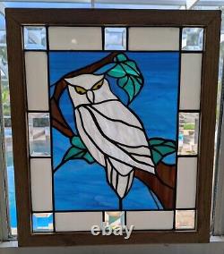 Stained Art Glass Window Panel Owl 20.5 H x 17.5 W Tiffany Style Framed Signed