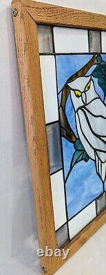 Stained Art Glass Window Panel Owl 20.5 H x 17.5 W Tiffany Style Framed Signed