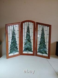 Stained Glass 3 Panel Folding Christmas Tree Slag Glass Green White Cream