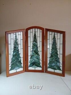 Stained Glass 3 Panel Folding Christmas Tree Slag Glass Green White Cream