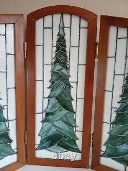 Stained Glass 3 Panel Folding Christmas Tree Slag Glass Green White Cream