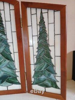 Stained Glass 3 Panel Folding Christmas Tree Slag Glass Green White Cream