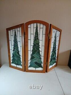 Stained Glass 3 Panel Folding Christmas Tree Slag Glass Green White Cream