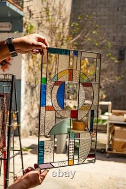 Stained Glass Abstract Panel Beveled Tiffany Style Window 21 by 12 in