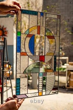 Stained Glass Abstract Panel Beveled Tiffany Style Window 21 by 12 in
