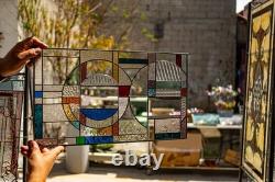 Stained Glass Abstract Panel Beveled Tiffany Style Window 21 by 12 in