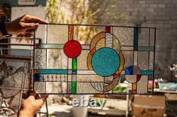 Stained Glass Abstract Panel Beveled Tiffany Style Window 21 by 12 inches