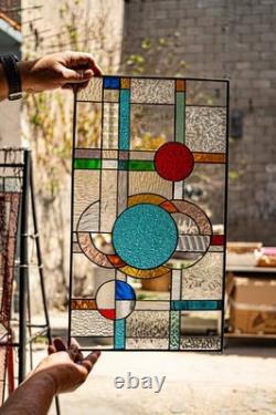 Stained Glass Abstract Panel Beveled Tiffany Style Window 21 by 12 inches