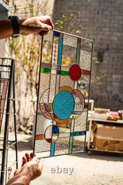 Stained Glass Abstract Panel Beveled Tiffany Style Window 21 by 12 inches