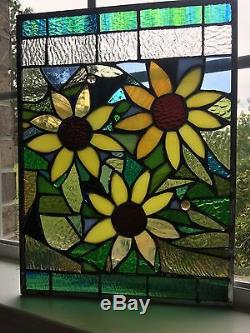 Stained Glass Autumn Sunflowers Transom Window Panel 12x16