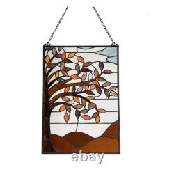 Stained Glass Autumn Tree Floral Window Panel Handcrafted Tiffany Style 16 x 24