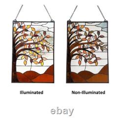 Stained Glass Autumn Tree Floral Window Panel Handcrafted Tiffany Style 16 x 24