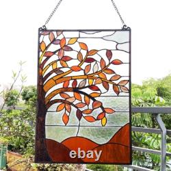 Stained Glass Autumn Tree Floral Window Panel Handcrafted Tiffany Style 16 x 24