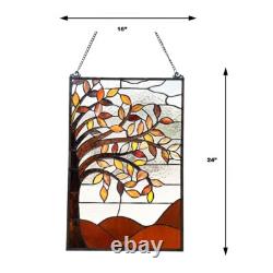 Stained Glass Autumn Tree Floral Window Panel Handcrafted Tiffany Style 16 x 24