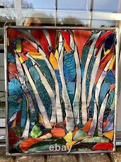 Stained Glass Autumn Trees Mosaic Window Suncatcher Panel Transom OOAK