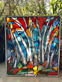 Stained Glass Autumn Trees Mosaic Window Suncatcher Panel Transom OOAK