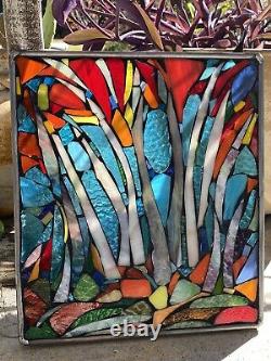 Stained Glass Autumn Trees Mosaic Window Suncatcher Panel Transom OOAK