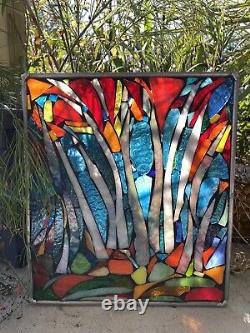 Stained Glass Autumn Trees Mosaic Window Suncatcher Panel Transom OOAK